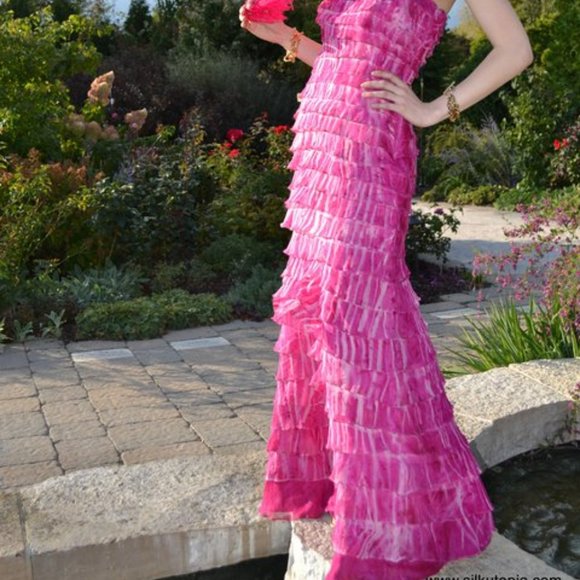 NEW Silk ruffle long Dress bridesmaid prom party pink purple white 4 6 8 10 S M